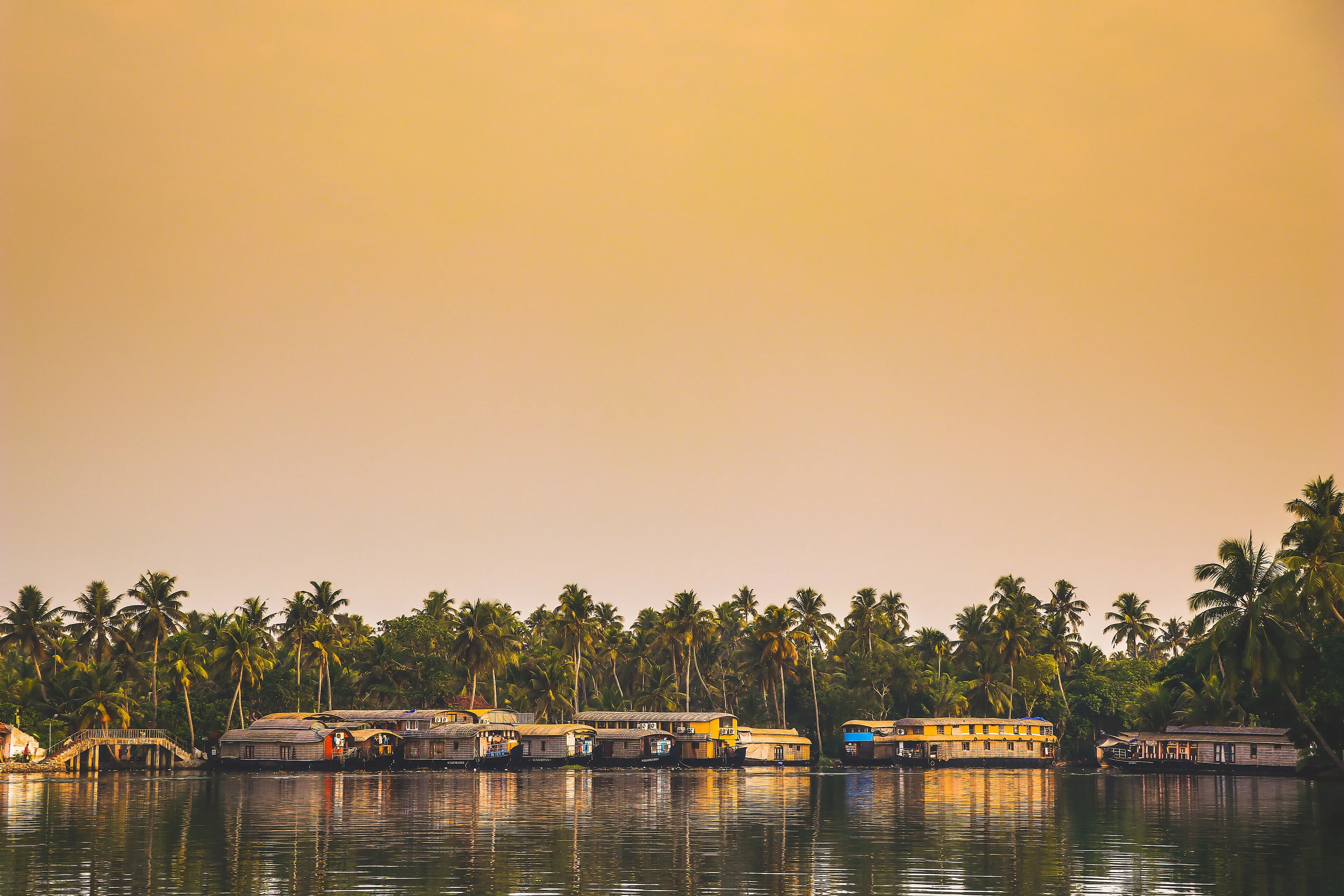 Alleppey houseboat gliding past lush paddy fields and coconut groves reflected in still backwater