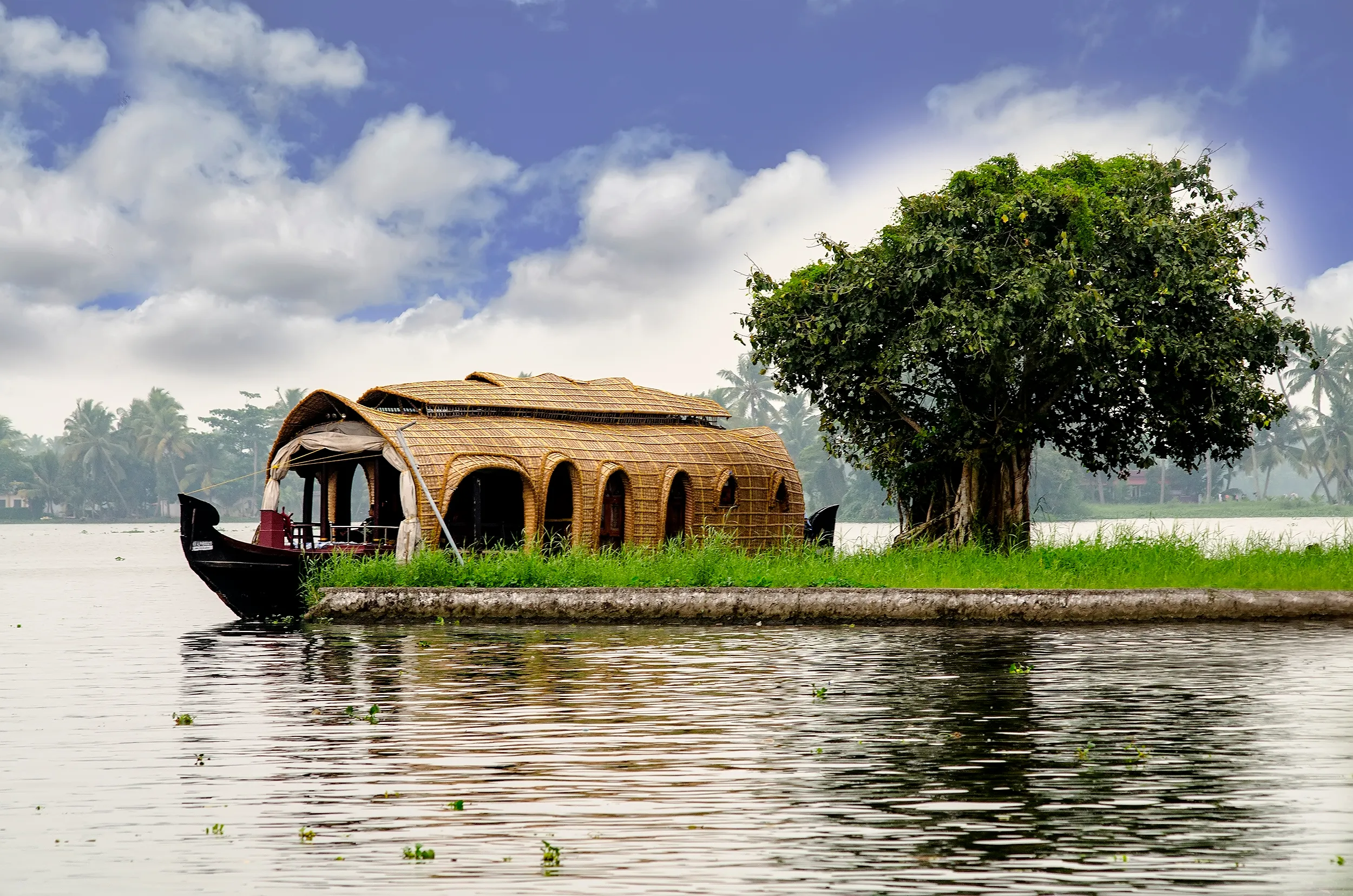 Craftsmen building a traditional Kerala kettuvallam houseboat from jack wood planks in Alleppey